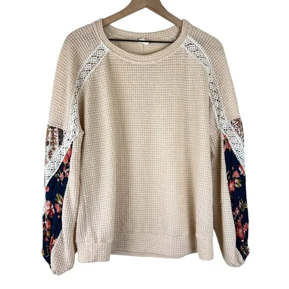 Three Bird Nest Cream Printed Sleeve Mixed Media Waffle Knit Top - Picture 2 of 6